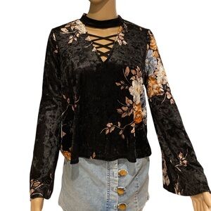 Current + Project Velvet bell sleeve shirt with choker lace up detail size S